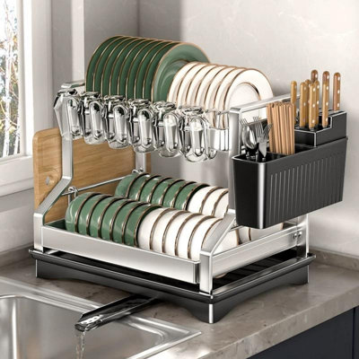 Égouttoir à vaisselle à 2 niveaux multi-fonctionnel avec porte-baguettes de rangement pour vaisselle