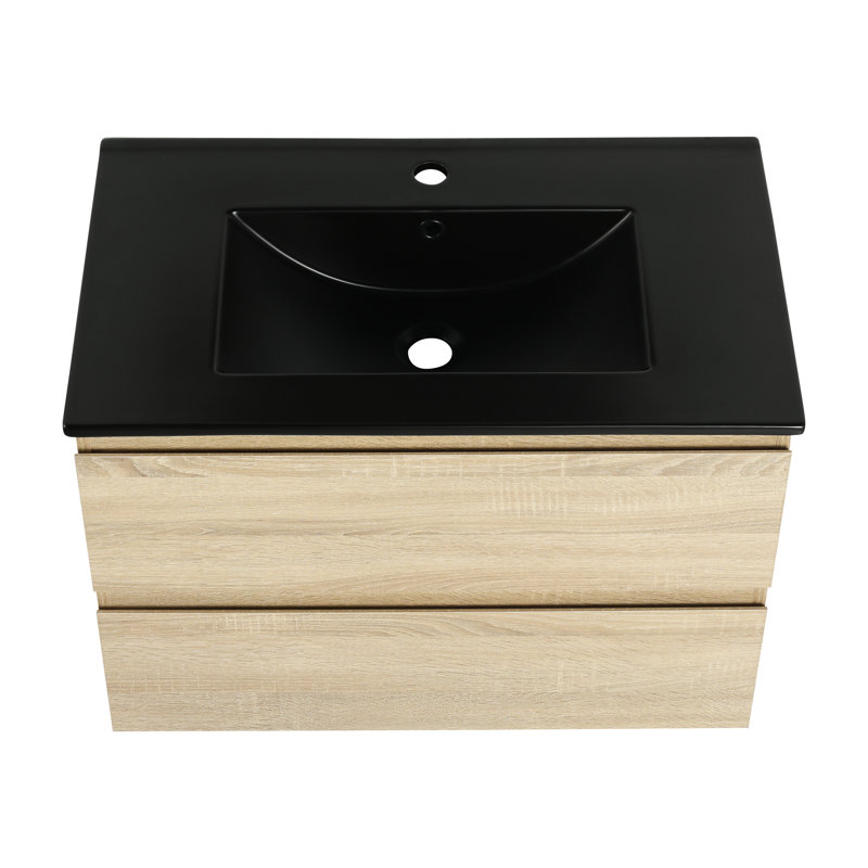 Armoire de salle de bain 30 po avec vasque en céramique noire. 2 tiroirs à fermeture en douceur, chêne. Lavabo de meuble-lavabo élégant, tiroirs. Chêne, décor moderne