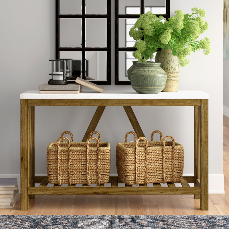 Rakira Modern Farmhouse Console Table, White Marble/Walnut