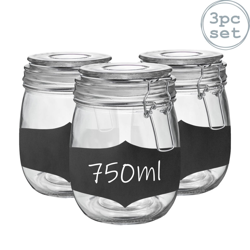 Argon Tableware - Glass Storage Jars with Labels - 750ml - Set of 3, White/Clear