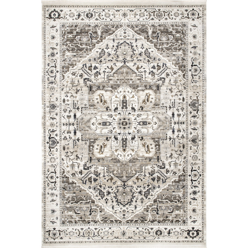 Uriegas Performance Medallion Fringed Beige/Gray/Brown Rug, Rectangle 8' x 10'