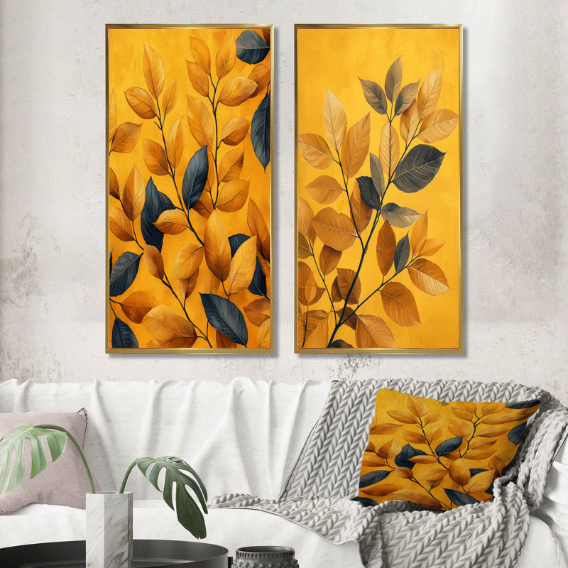 Moutarde feuilles d'automne étreinte I - art mural floral 2 panneaux, H 32 po x l 33 po, Cadre flottant doré