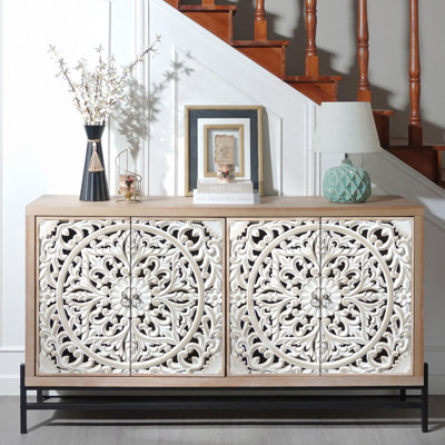 4 Door Wood Cabinet, Vintage Carved Wood 4-Door Cabinet With Metal Base Elegant Storage Sideboard For Living Room, Bathroom,Entryway And Kitchen
