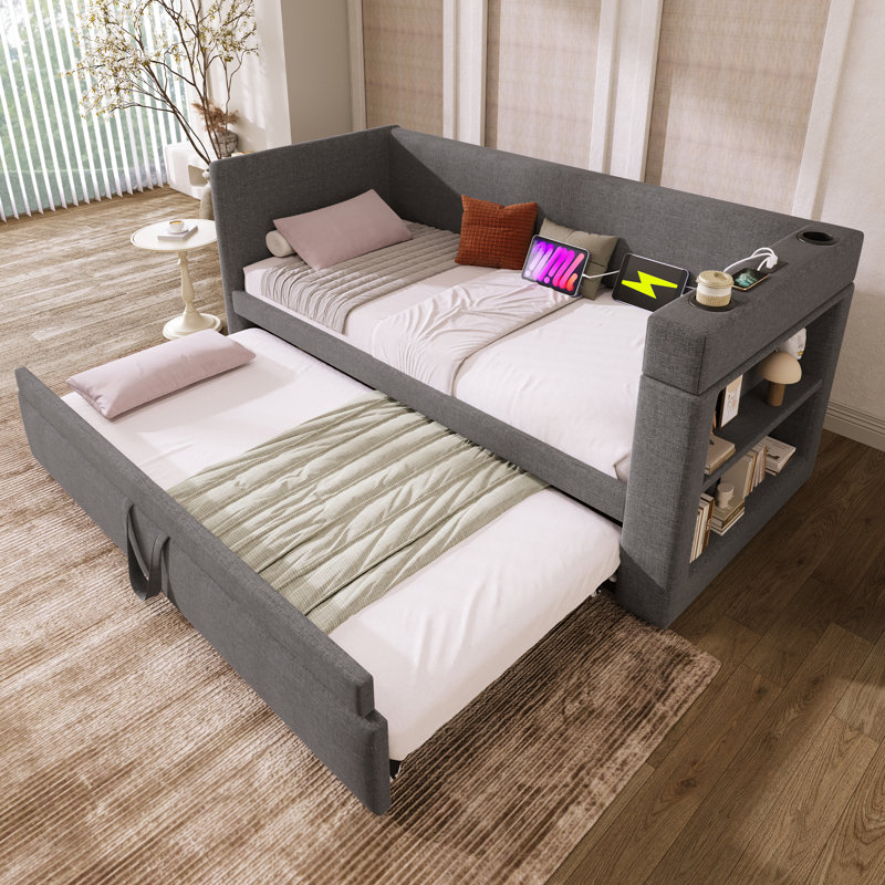 Upholstered Daybed with Trundle Bed, Grey