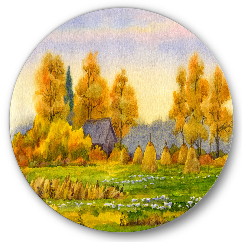 Haystacks On Orange Fields II - Lake House, cercle métallique, art mural, H 29 po x l 29 po x P 1 po