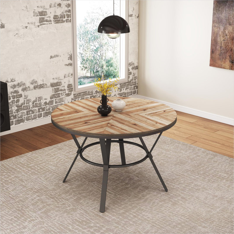Table de salle à manger ronde avec base à tréteaux, panneau de fibres à densité moyenne et placage de bouleau, bouleau clair, 46,85 pouces, sièges 4, pieds noir mat