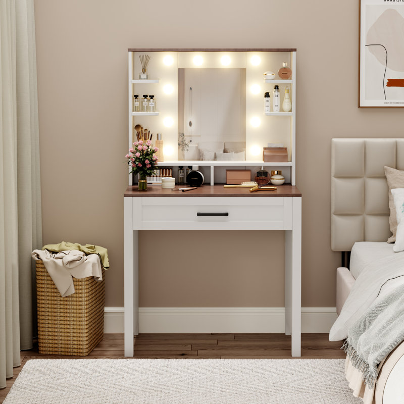 Makeup Vanity With 3 Lighting Colors, White/Brown