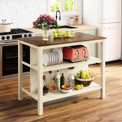 Îlot de cuisine en bois massif au design rustique - Plateau en noyer de 45 po et cadre blanc crème avec 2 tablettes ouvertes pour petites cuisines style