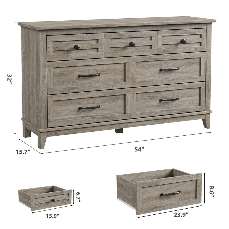 Commode 7 tiroirs, commode en bois de 54 po de largeur pour la chambre à coucher, le salon et le vestibule, Gris