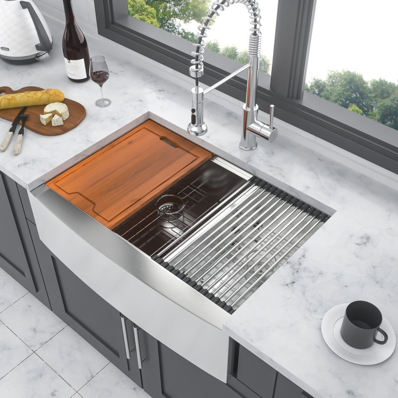16 Gauge Double Bowl  60/40  33 Inch Apron Front Stainless Steel Kitchen Sink With Workstation For Smooth Operations, Includes Cutting Board And Grid X - Shaped Drain Guide, Package Colander
