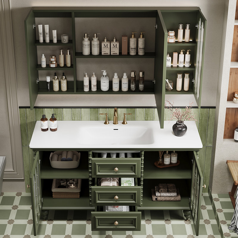 Armoire de salle de bain de style français rétro, Vert, H 32,28 po x l 59,06 po x P 21,65 po