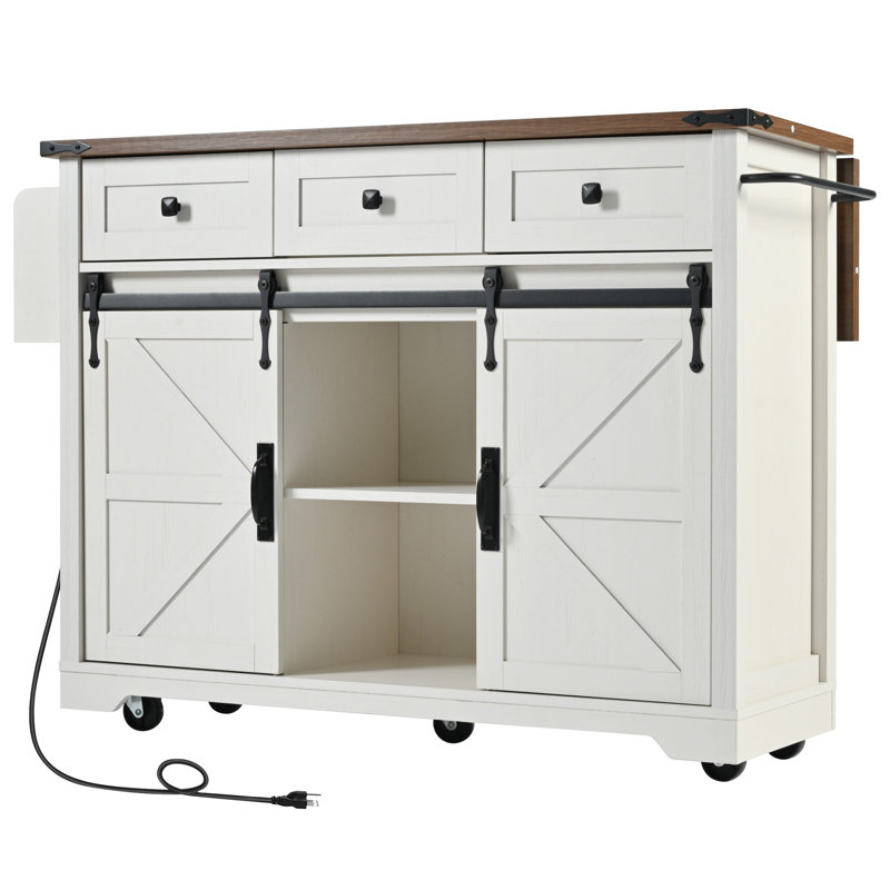 K&k 53.7" Farmhouse Kitchen Island With Power Outlet, 2 Sliding Barn Door Kitchen Storage Island With Drop Leaf, Spice Rack Rolling Kitchen Cart On Wheels, For Home, Kitchen And Dining Room, White