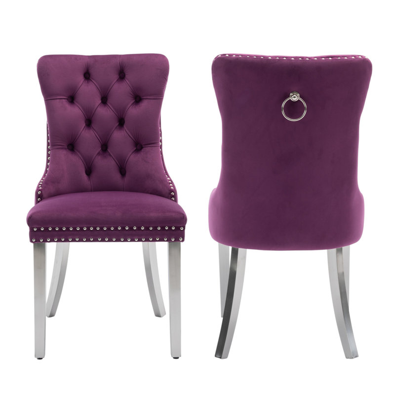 Chaises de salle à manger capitonnées en velours à oreilles, Pourpre impérial, Nickel brossé