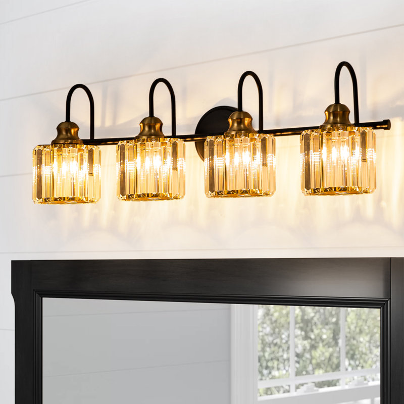 Gjystina 3-Light Dimmable Gold-Black/Chrome Crystal Vanity Light, Black/Gold, 4 Lights