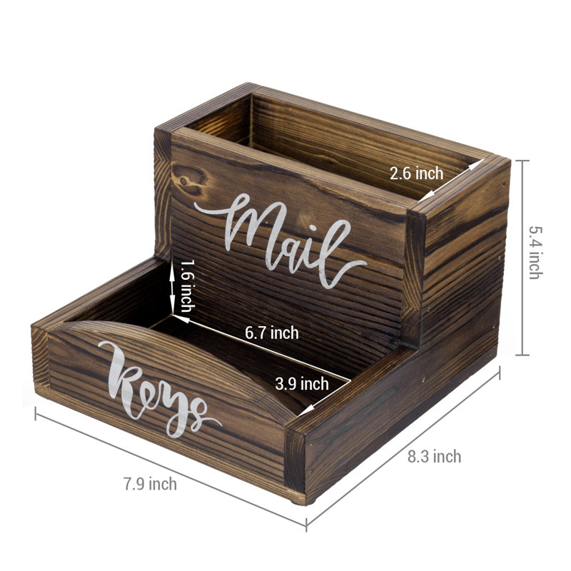 Mail Holder and Key Rack – Rustic Burnt Wood Organizer Tray for Office or Entryway with White Lettering