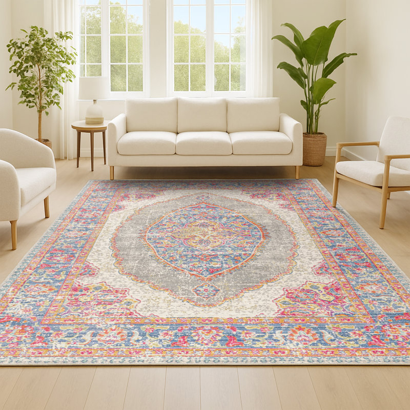 Tapis fuchsia / moutarde / indigo Stites Medallion, Rectangle 4pi x 6 pi
