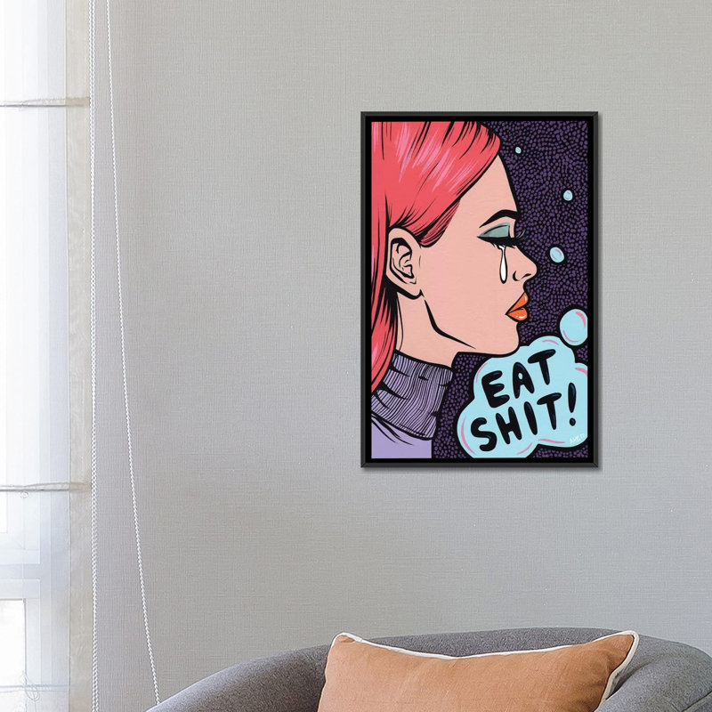 « manger it comic fille », impression sur toile, H 26 po x l 18 po x P 1,5 po, Toile avec cadre noir, Pas de tapis