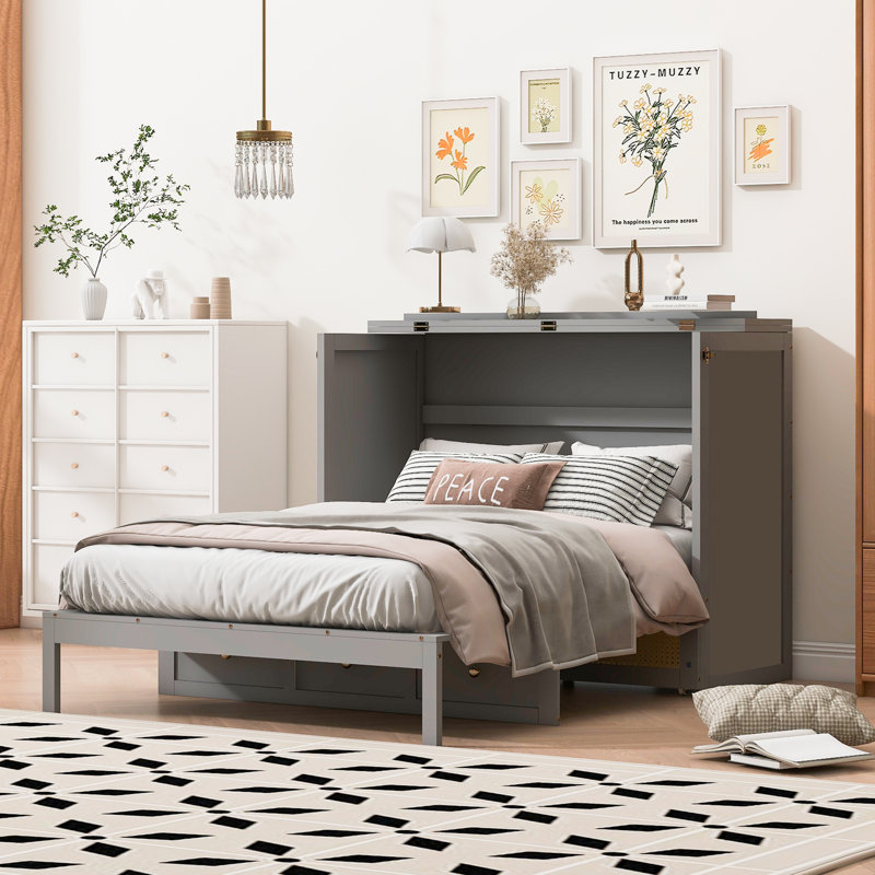 Lit escamotable gris pleine grandeur avec rangement élégant