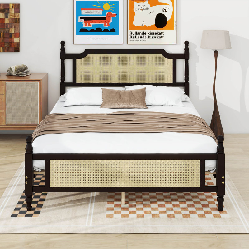 Base de lit en bois avec tête de lit en rotin, Grand, Espresso
