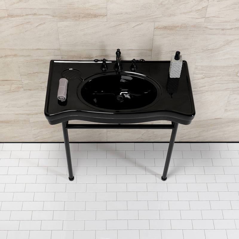 Kingston Brass Bristol 36-Inch Ceramic Console Sink with Stainless Steel Legs (8-Inch, 3-Hole), Black/Matte Black
