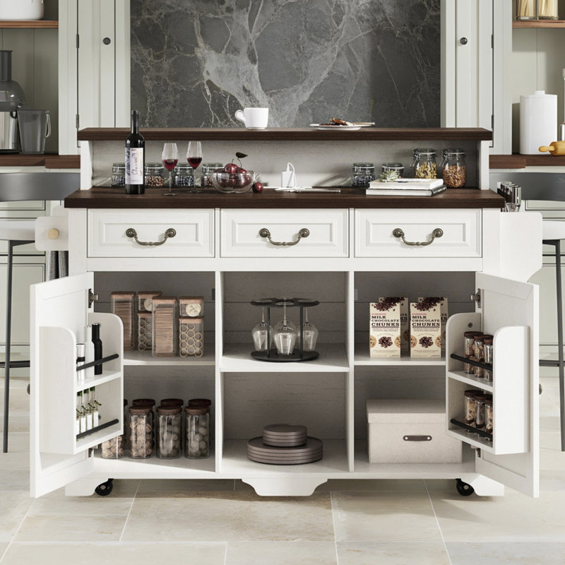 Farmhouse Kitchen Island With Storage, Power Outlet, 4 Door Shelves, Adjustable Shelves And Two-Tier, White