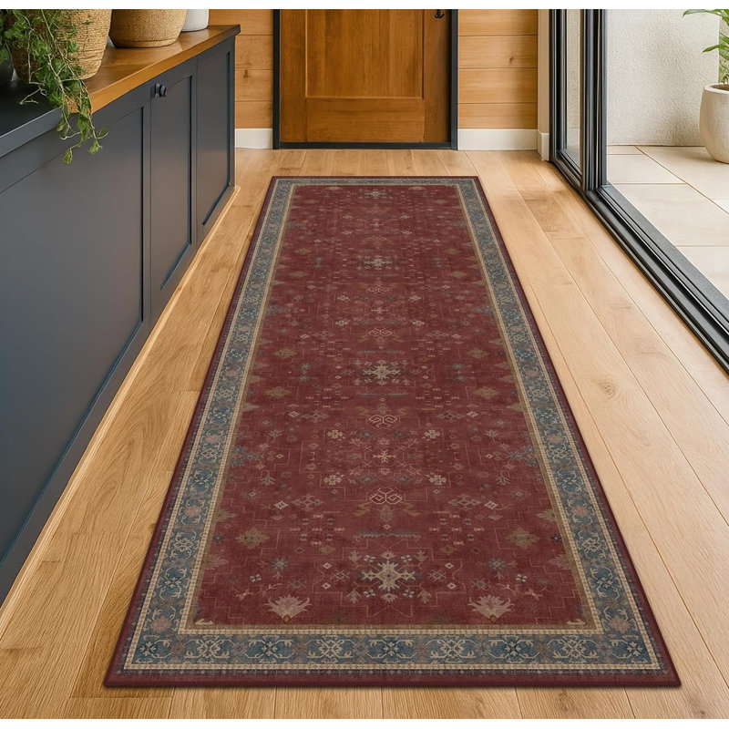 Tapis de couloir bohème vintage 76 cm x 244 cm, envers en caoutchouc antidérapant lavable, Bourgogne