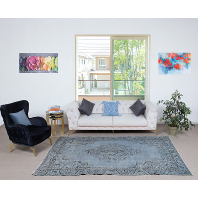 Tapis turc décoratif fait à la main 5,7 x 9,2 pi en bleu. Revêtement de sol moderne