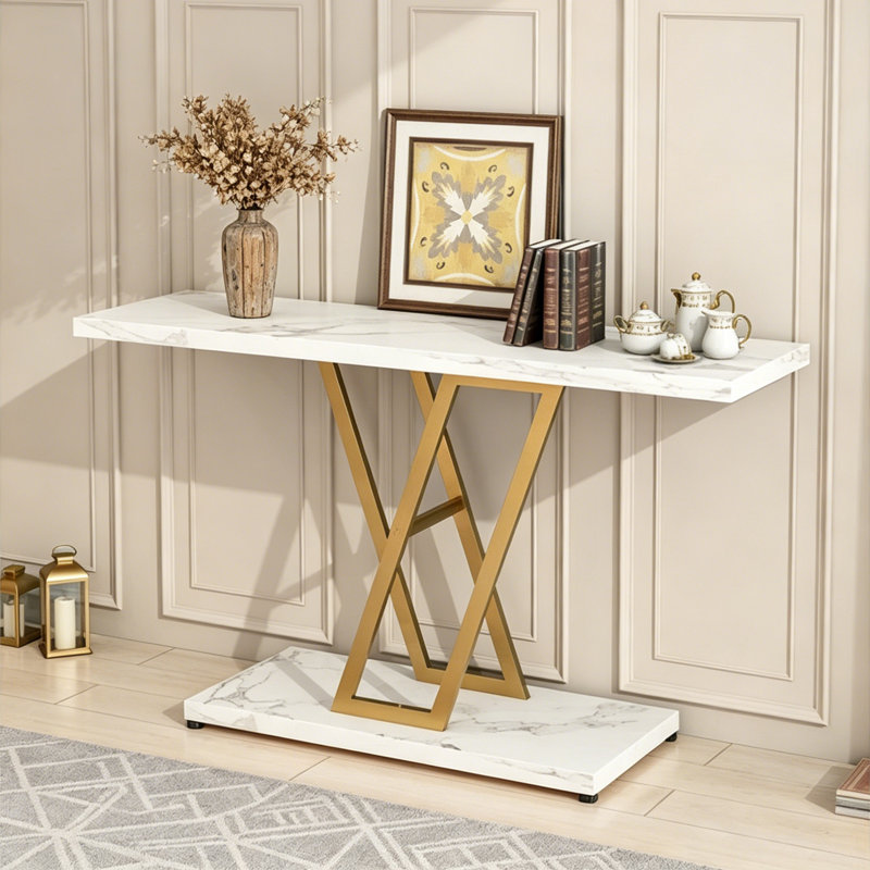 42"  Console Table with Gold Geometric Base for Entryway & Living Room