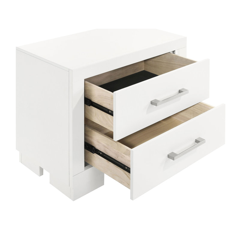 Table de chevet rectangulaire blanche à 2 tiroirs avec poignées en métal, chambre à coucher pour garder les choses propres, esthétique propre et moderne, poignées de bar de 23 po x 15 po, organisateur, look classique, mélange de bois massif, 15 profondeurs