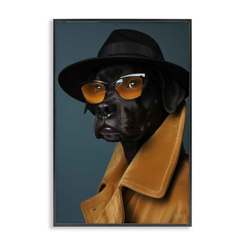 Chien noir en costume, estampe numérique par Roozbeh Bahramali, H 18 po x l 12 po, Giclée encadrée noir minuit