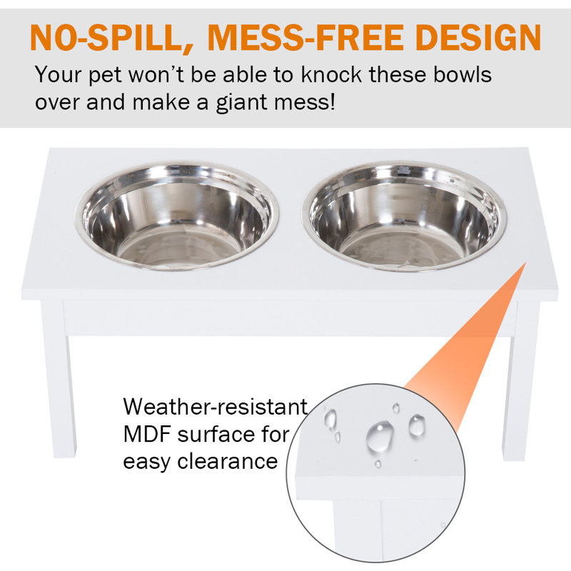 White Elevated Wooden Pet Feeding Station with Stainless Steel Bowls