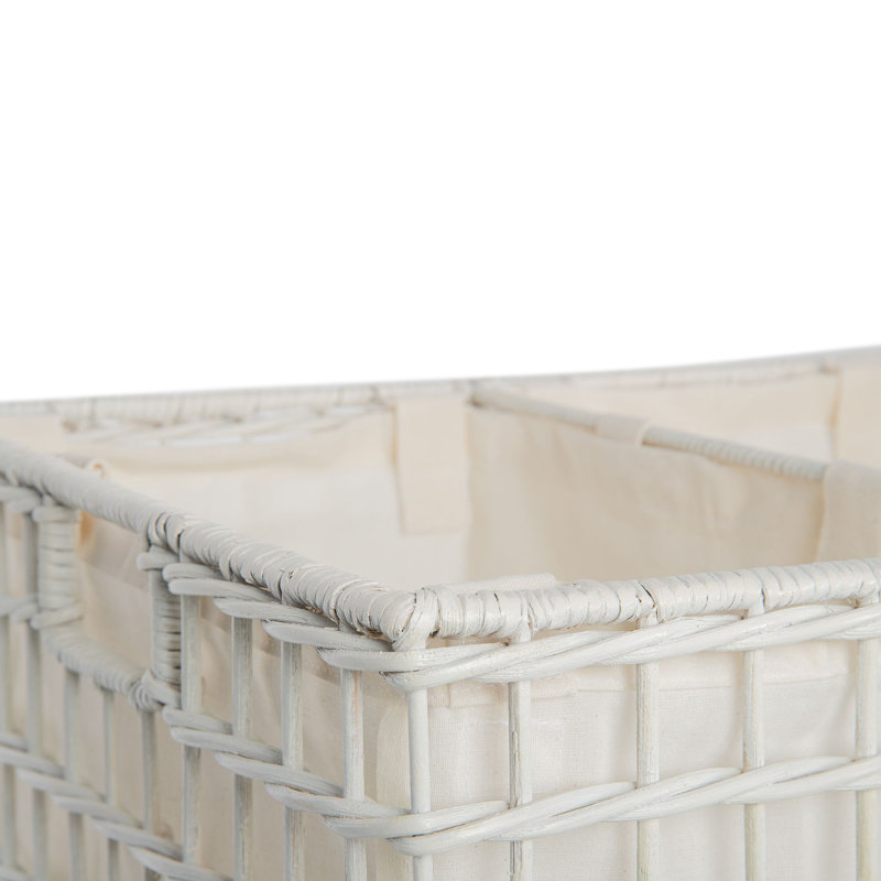 Hand Woven Wicker Rolling Laundry Sorter with Handles, White