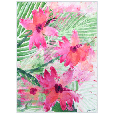 Pink Green Floral I, Hand Washable Flowers Art Area Rug, power-loomed, 100% polyester, 2mm pile, non-slipping back.