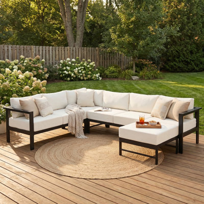 Ensemble de canapé modulaire d'extérieur en forme de U avec coussins ultra-épais de 5,9 po, canapé de conversation de patio à 5 ou 6 places toutes saisons avec structure en fer robuste, convient à la cour, au jardin