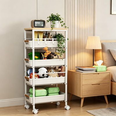 Chariot de rangement à 5 niveaux avec paniers coulissants, plateau en bois et roulettes verrouillables - Organisateur polyvalent pour garde-manger, micro-ondes, fruits et légumes