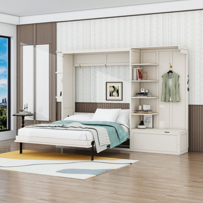 Queen Murphy Bed with Built-In Shelves and Cabinets, LED Lights