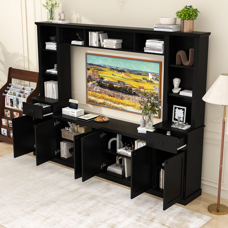 Unité de divertissement moderne avec pont réglable, piliers de rangement et console multimédia, Black