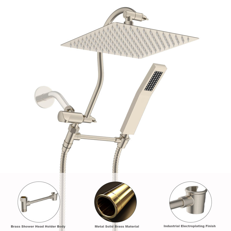 Premium All-Metal Shower System – 8" High-Pressure Rainfall Shower Combo With Adjustable Extension Arm, Brushed Nickel