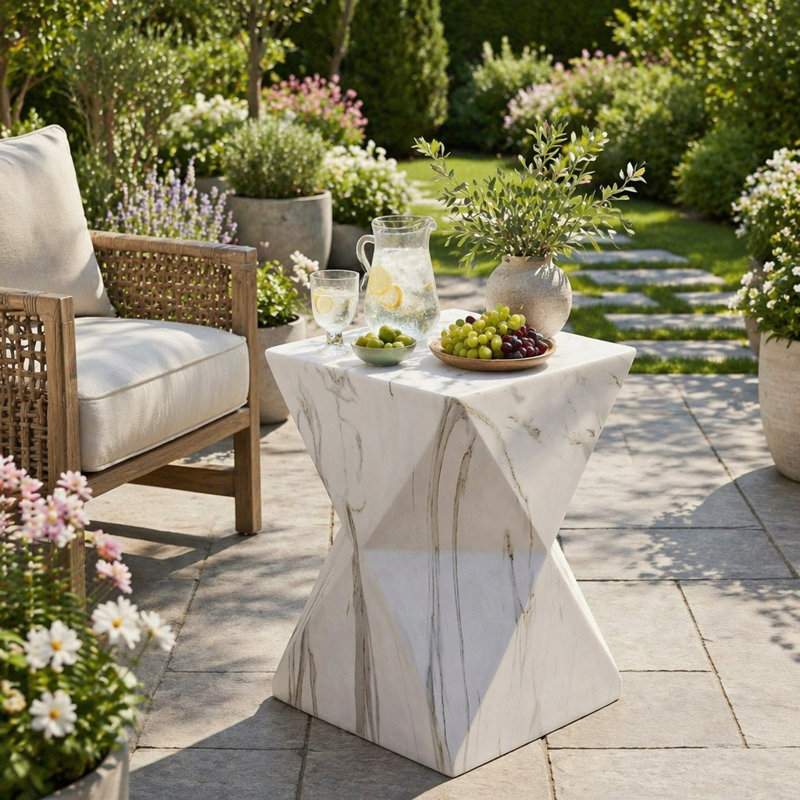 Table d'appoint géométrique en forme de sablier 18,5 "de haut H 18,5" avec finition en faux marbre, White Marble