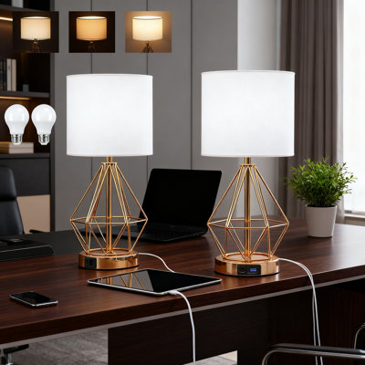 Ensemble de 2 lampes de table à intensité variable avec ports USB A et C, lampes de table de chevet modernes avec abat-jour en tissu, comprend 2 ampoules DEL pour le salon de la chambre à coucher