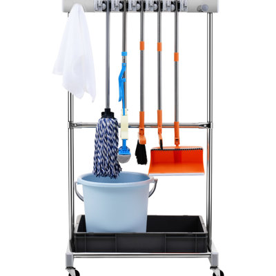 Support de rangement pour outils de jardin, 10 fentes pour balai et vadrouille, organisateur de garage avec 4 crochets pliables à roues pivotantes, organisateur extérieur robuste en acier inoxydable gris, fentes, roues à crochets de tour, métal