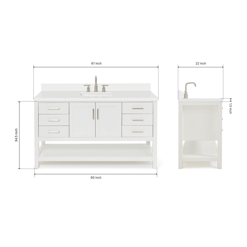 Meuble-lavabo simple de 61 po en blanc avec plateau en quartz blanc pur 1,5 po Moille et lavabo rectangulaire, Blanc