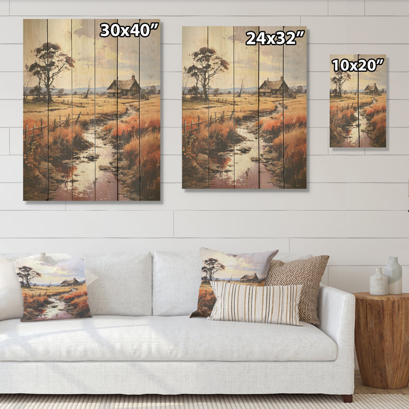 «Rustic Pareries Landscape Farmhouse I - Prairies», art sur bois de pin naturel, H 32 po x l 24 po