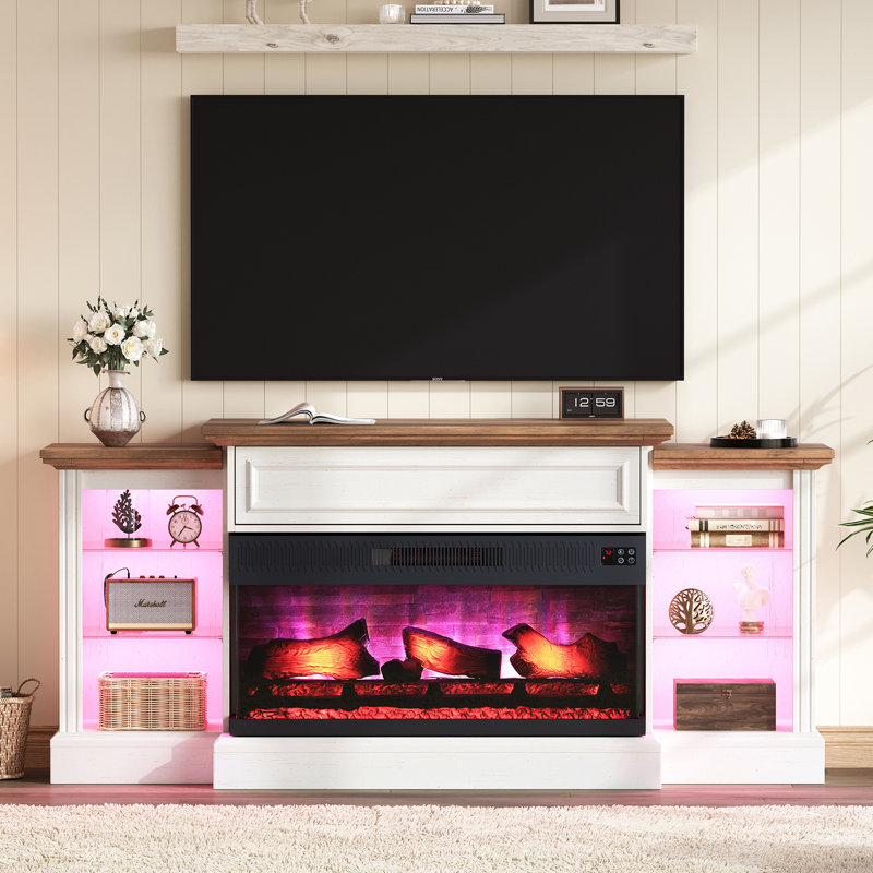 Emonte 3-Sided Glass Fireplace TV Stand, RGB Light & Hiden Flip-up Door, White, 60"