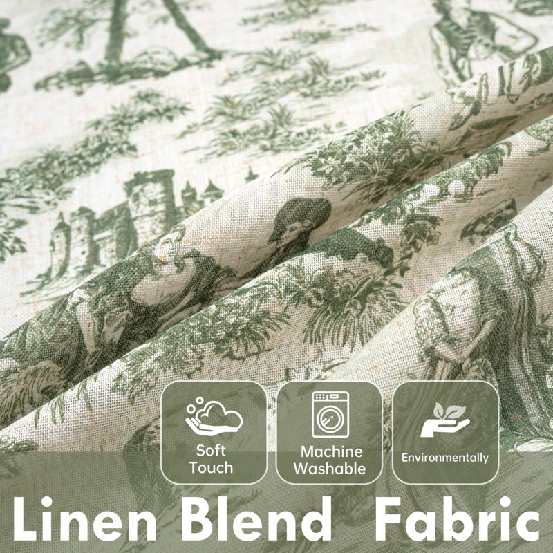 100% Blackout Toile Linen Curtains Farmhouse French Country Vintage Living Room Drapes  2 Panels, 52" W x 84" L, Loden Green