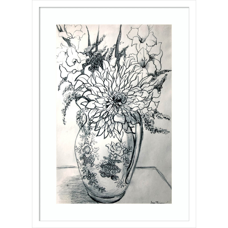 Fleurs dans un pot à motifs encadré sur papier par Thewsey Joan, reproduction, H 25 po x l 18 po, Cadre blanc