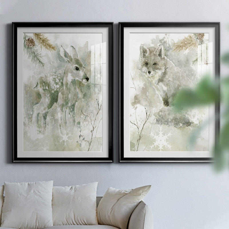 Winter Lodge Fawn - ensemble de 2 reproductions d'art, H 26,5 po x l 73 po x P 1,5 po, Papier encadré noir, Blanc