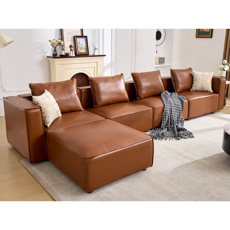 Canapé modulaire rembourré en cuir 5 pièces de 152,76 po de largeur, Cuir brun