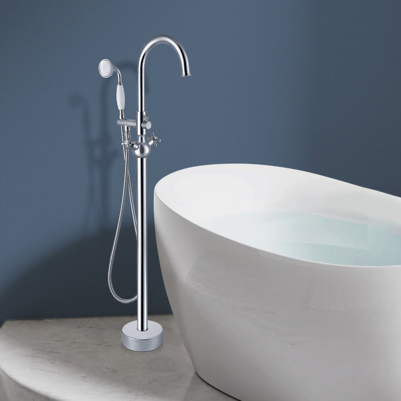Topcraft Double Handle Floor Mounted Freestanding Bathtub Faucet Tub Filler with Handheld Shower, Chrome, Chrome
