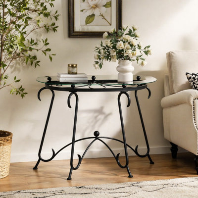 Table basse à surface en verre trempé avec construction robuste pour le salon (noir rustique)